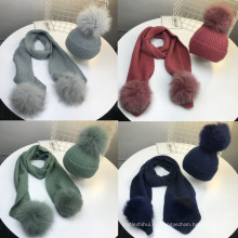 Теплая зимняя шапка шарф вязаный шерсть и кашемир искусственного меха пом poms женщин шляпу и шарф набор 